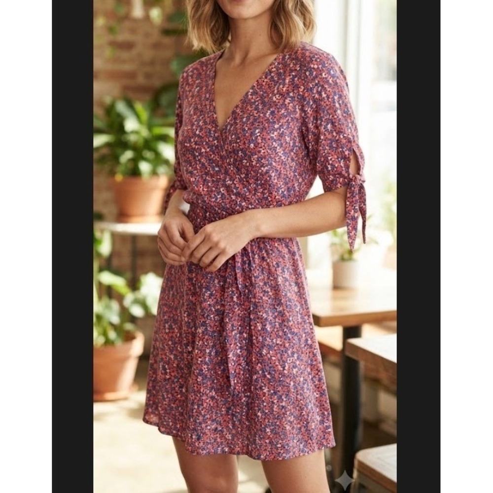 Gap Womens Ditsy Floral Wrap Mini Dress Coral Blue V-Neck Tie Sleeve XS NEW